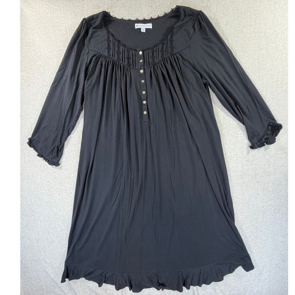 Eileen West Women's Medium Black Floral Embroidered Long Sleeve Midi Nightgown